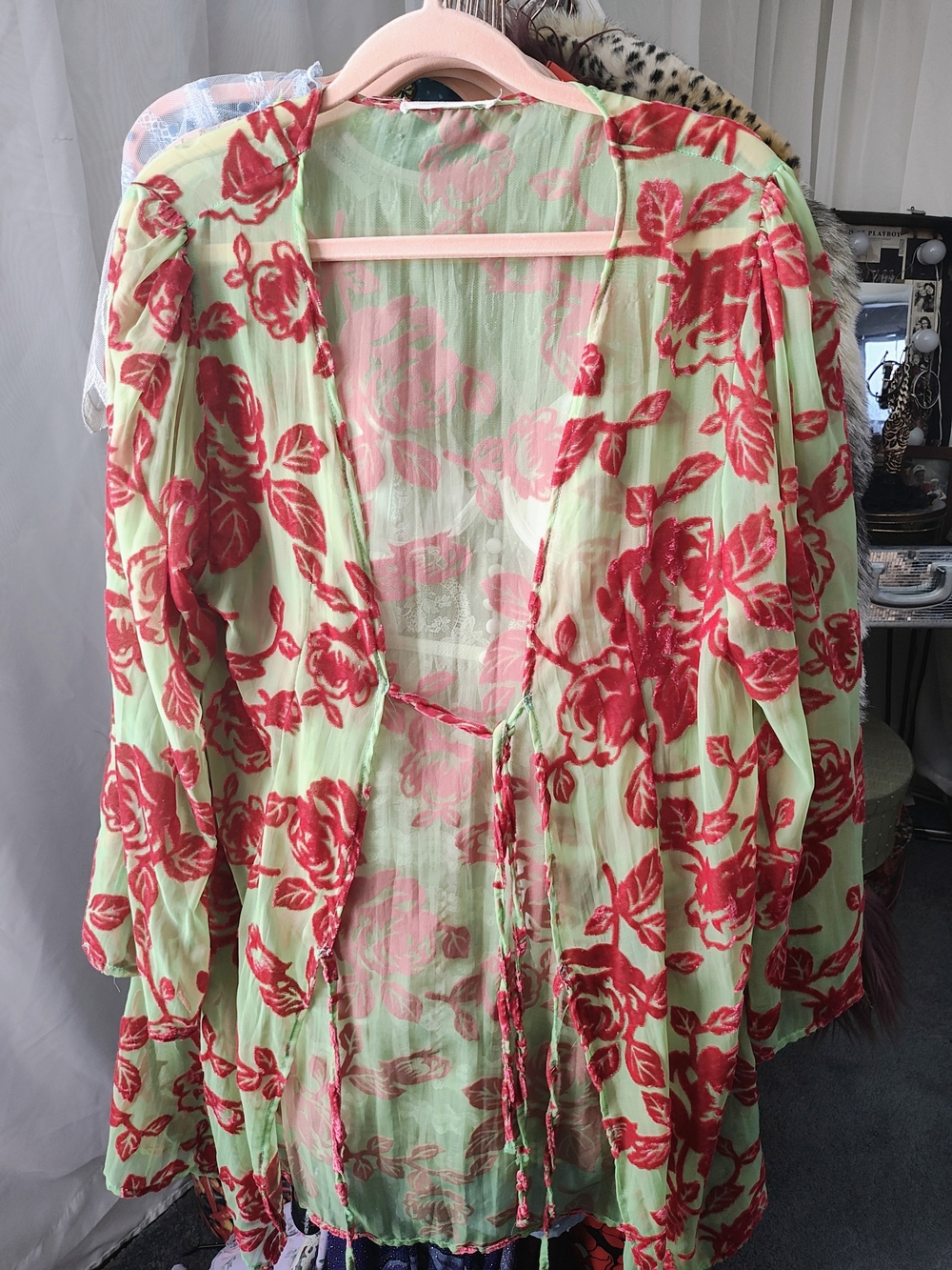 Urban Outfitters Sheer Mint Blouse with Red Floral Print